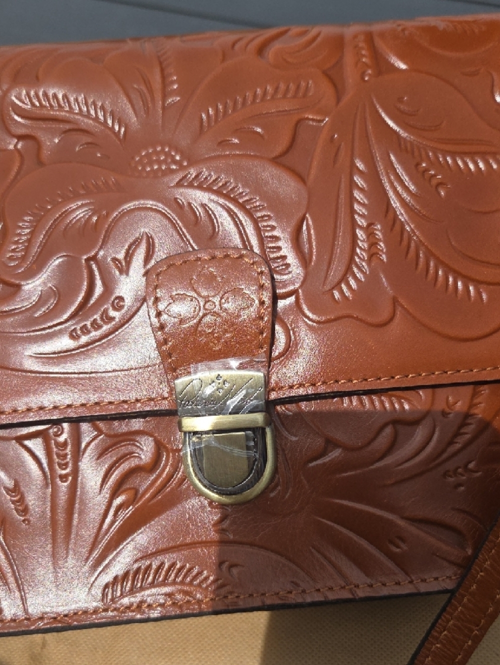Patricia Nash Embossed Floral Leather Crossbody - Cognac - Picture 3 of 7